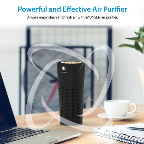 IMUNSEN M-003 Air Purifier, Equipped with Cypress Filter, Pollen Prevention, For Car Use, Office Desk, USB Connection, 4 Side Suction, Quiet Design, (Black)