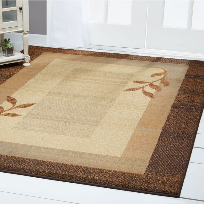 TRANSITIONAL BROWN BEIGE 6X8 AREA RUG MODERN LEAF CARPET - ACTUAL 5' 2" x 7' 2"