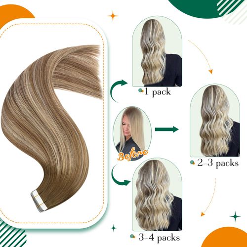 Tape-On Real Hair, Skin Weft, Hair Extension, Tape, Colour Dark Brown Mix Ash Brown and Medium Blonde, 50 cm, 50 g, Double-Sided Tape Extension, #3/8/22