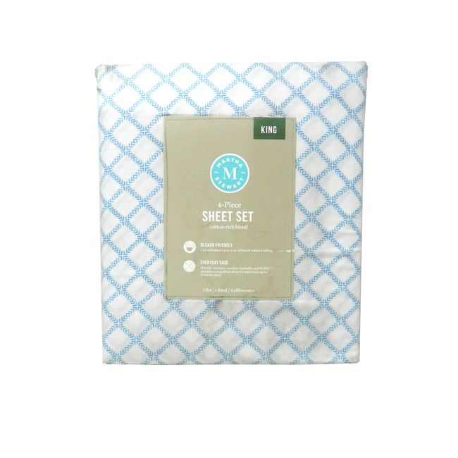 Martha Stewart 4 Piece Sheet Set King Light Blue Trellis