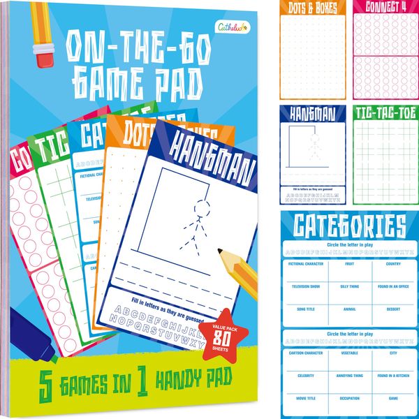 On The Go Game Pad, 80 Perforated Sheets Travel Activity Pad, 5 Games in 1 Plane Trip Pen Pencil & Paper Game(6” x 9”)