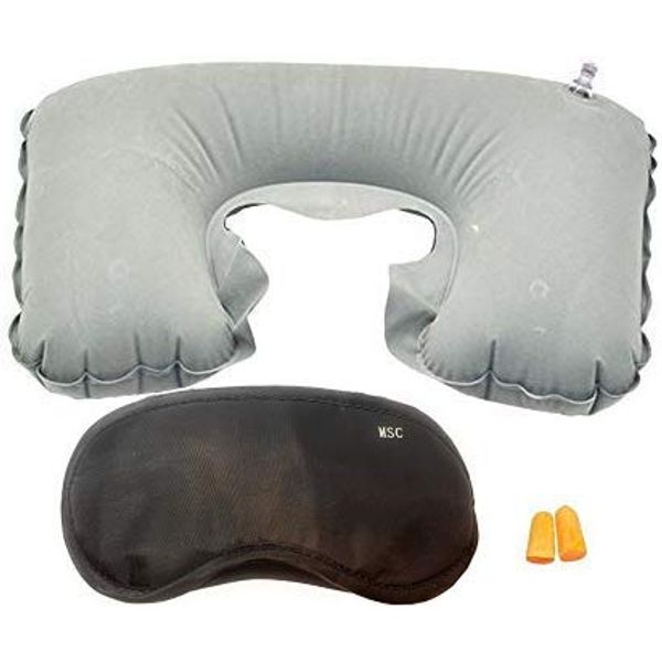 MSC Inflatable Travel Pillow and Eye Mask Travel Set Includes with Ear Plugs Suitable for Plane, Car and Train, Reading Neck Pain Relief greyTravel Set1pc