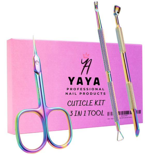 Cuticle Scissors with Cuticle Pushers, Extra Fine Curved Blade, 3in1 Professional Cuticle Tools Set, Nail Cuticle Trimmer Set, Manicure Kit, Pedicure Kit, Yaya Nails Cuticle Tool Kit (Rainbow)