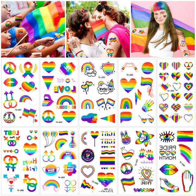 Qpout 20 Sheets Pride Tattoos, Pride Face Tattoos, Gay Pride Temporary Tattoos, LGBT Tattoos Stickers, Pride Day Temporary Tattoos, Rainbow Flag Hearts Temporary Tattoos for Kids Men Women