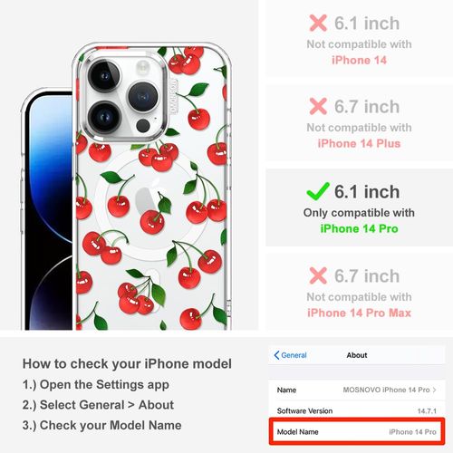 MOSNOVO Case for iPhone 14 Pro, [Compatible with Magsafe] [Buffertech 6.6ft Military-Grade Drop Protection] [Anti Peel Off Tech] Clear Phone Case Design - Cute Cherry