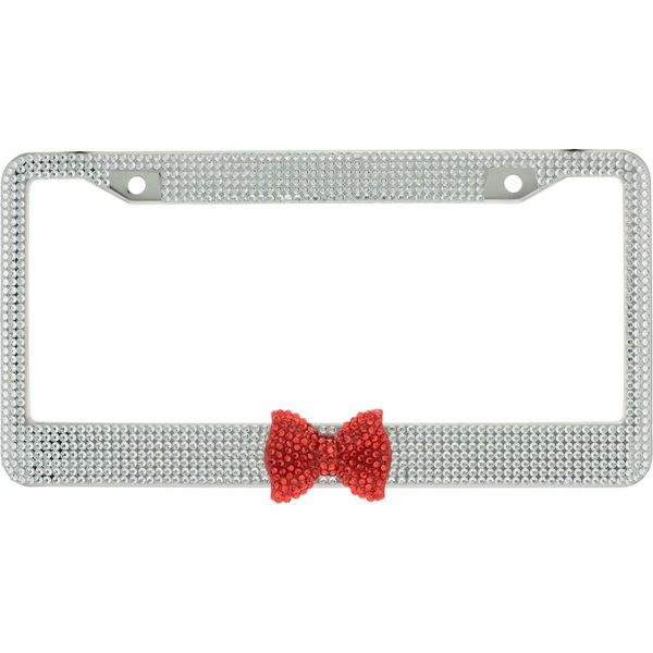 Clear 7 Rows Bling Diamond Crystal License Plate Frame With Red Bow Tie