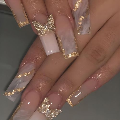 Calkkrer 24 pezzi 3D Champagne Gold Farfalla Press On Nails, unghie finte lunghe da incollare, punte artificiali a forma di bara, unghie francesi da incollare