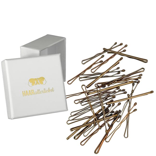 HAARallerliebst Haarklammern klein Bobby Pins mini (50 Stück | gold dunkel | 3,4cm kurz) für blonde Haare inkl. Schachtel zur Aufbewahrung