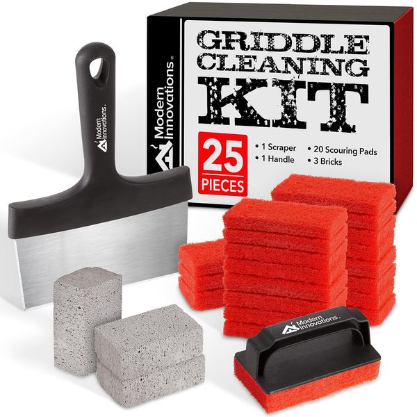 Modern Innovations 25-Piece Griddle Cleaning Kit, 20 Scouring Pads, 3 Grill Bricks, 1 Indoor Grill Scraper, 1 Handle, Pumice Stone Brick, Blackstone & Weber Compatible BBQ Flat Top Cleaner Accessories