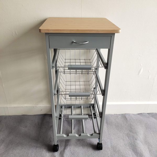 Kitchen Trolley White Wooden 3 Tier Rolling Organiser (3 Basket + 1 Wine Rack) Utility Storage Cart with 3 Basket Drawers, Wheels for Dining Room, Natural and Grey