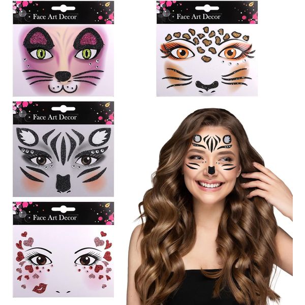 4 Pezzi Face Art Sticker, Tatuaggi Temporanei Donna Impermeabile Leopardo Adesivi per Tatuaggi Facciali Glitter Viso Tattoo Temporanei per Carnevale, Halloween, Festa a Tema