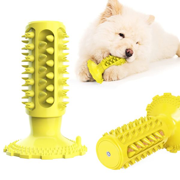 Caseeto Dog Toy, Chewing Toy, Durable, Dog Toothbrush, Dog Chewing Toy, Bait Container, Dog Gum Clean, Oral Care Brush, Stress Relief, Training Toy, Durable (E Cylinder, Yellow)