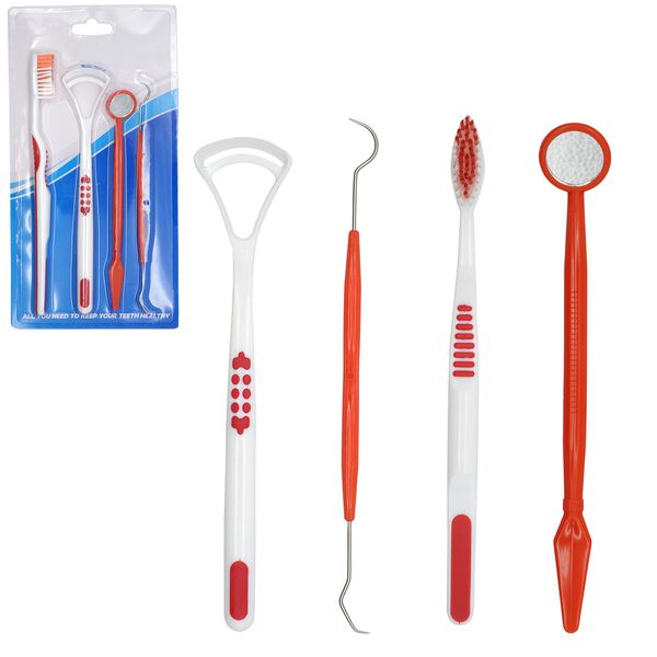 4-Pieces Dental Care Kit in Red Colour, Oral Cleaning Tool Set, Dental Pick, Dental Mirror, Tongue Cleaner and Toothbrush, Dental Plaque Removal Tools, Ideal for Travel or Small Bathrooms