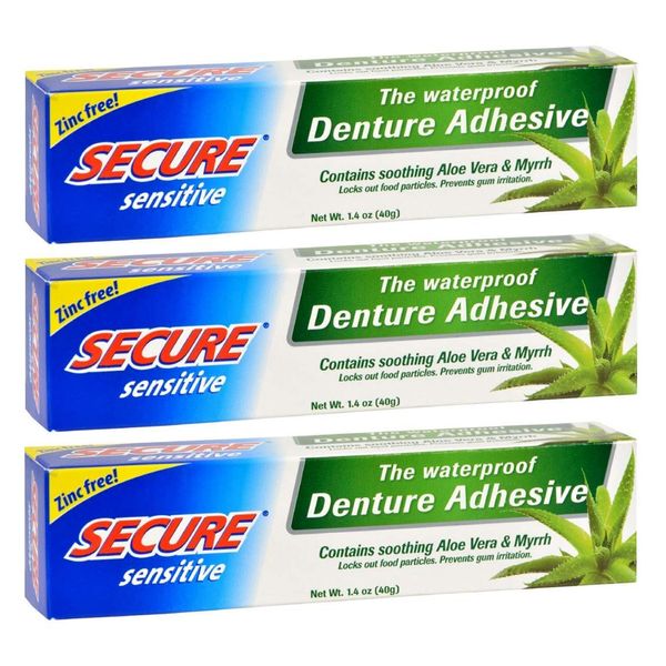 Secure Sensitive Gums Waterproof Denture Adhesive Zinc Free with Aloe Vera & Myrrh - Extra Strong 12 Hour Hold - 1.4 oz (Pack of 3)