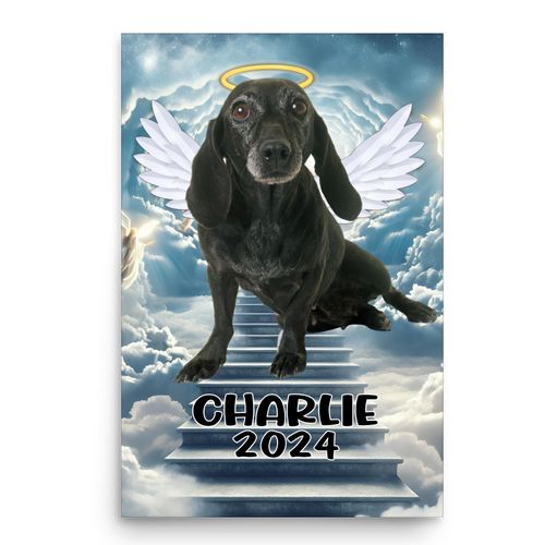 Custom Pet Memorial Angel Wings Heaven Black Dachshund Wall Art Poster 12x18 Inches Unframed - Personalized Name Year Print Decor Gifts for Wiener Dog Lovers