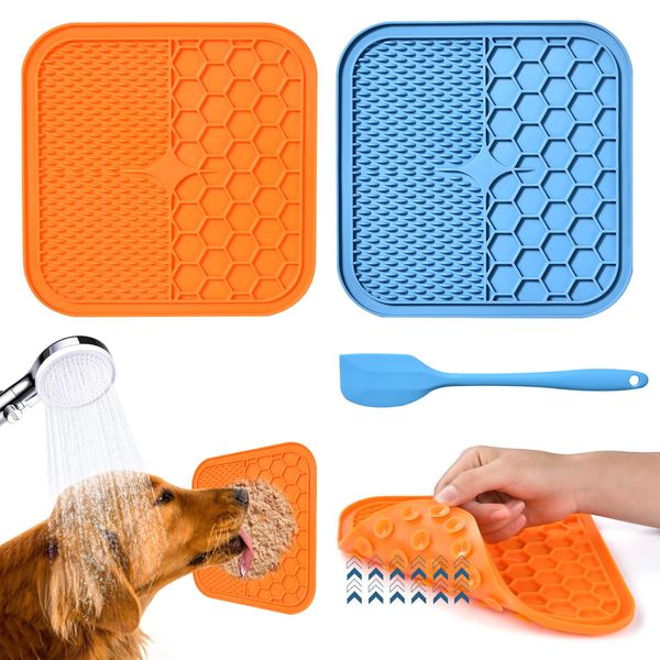 AiQInu Dog Lick Mat with Suction Cup, Pack of 2 Dog Lick Mat BPA-Free with 1 Silicone Spatula, Slow Feeder Dog Lick Mat, Cat Lick Mat for Dog Bathing, Training, Grooming & Claw Care (Small)