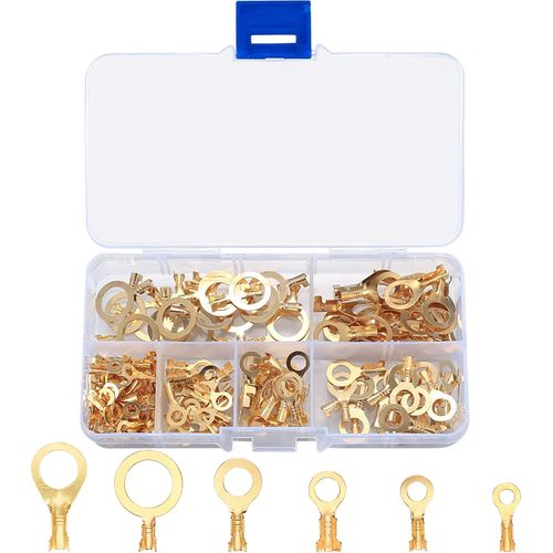 QOOSIKICC 160 Pcs Copper Ring Terminals, M3/M4/M5/M6/M8/M10 Brass Wire Connectors, Open Barrel Wire Ring Cable Lugs Crimp Kit, Brass Copper Ring Crimp Cable Terminals Electrical Terminals Kit
