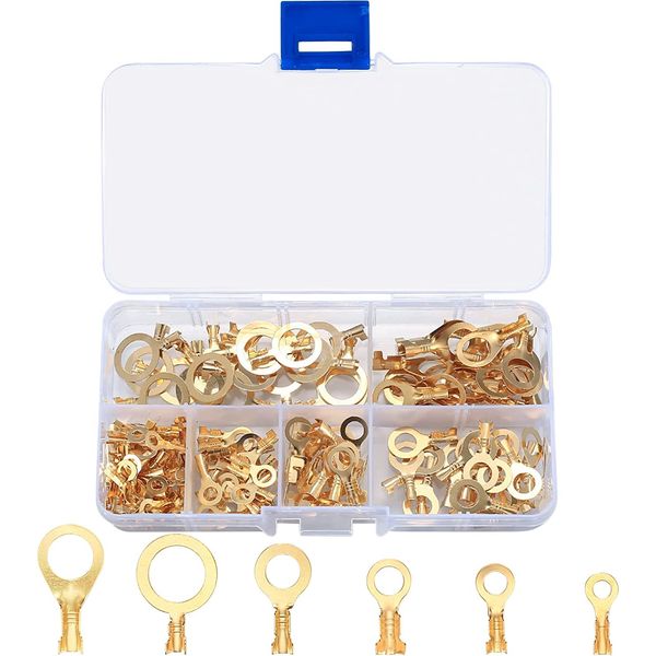 QOOSIKICC 160 Pcs Copper Ring Terminals, M3/M4/M5/M6/M8/M10 Brass Wire Connectors, Open Barrel Wire Ring Cable Lugs Crimp Kit, Brass Copper Ring Crimp Cable Terminals Electrical Terminals Kit