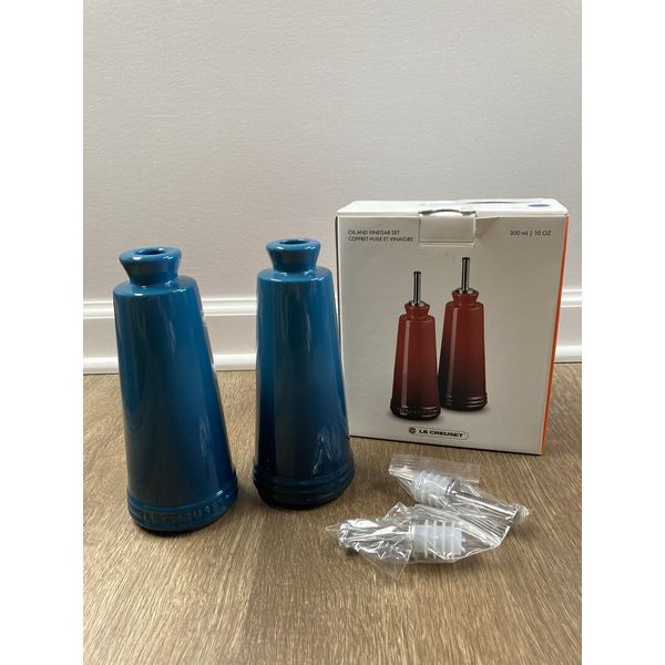 "Deep Teal" 10 Oz Oil & Vinegar Set LE CREUSET Stoneware Decanter NWT