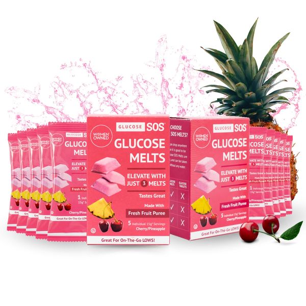 Glucose SOS Melts Made with Dextrose Powder | Fast-Acting, Natural Fruit Puree Sugar, Glucose Tabs, Sports Supplement | Fast Acting Glucose Tablets | 10 Individual 15g Servings | Cherry/Pineapple