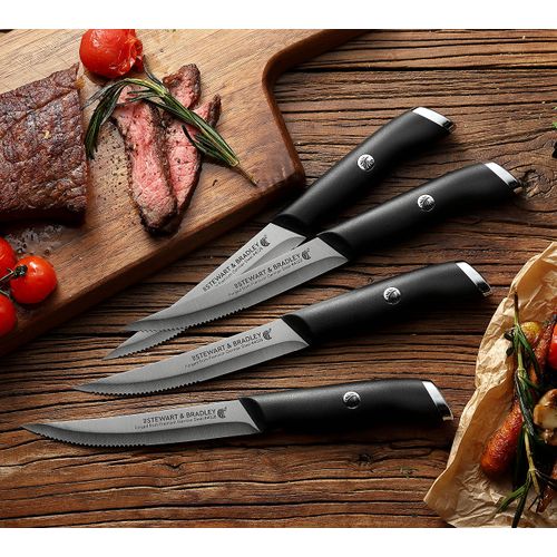 STEWART & BRADLEY Steak Knife Set of 4, Premium German Steel, 50% Straight & 50% Serrated Bladed Edges. Lightweight, The ideal set of 4 steak knifes set, Steak Knives