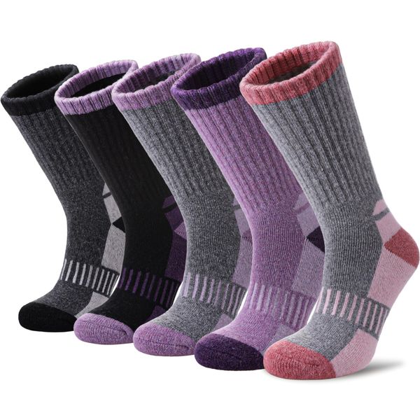 Yebing Merino Wool Hiking Socks for Womens Thermal Warm Winter Boot Crew Cushion Cozy Thick Work Gift Socks 5 Pairs Mixed Color A