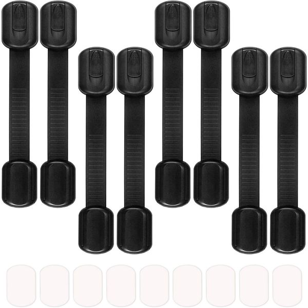 8 Pack Black Child/Baby Safety Cabinet Locks - Maveek Adjustable Strap Baby Proof Latches with No Trapped Fingers for Cupboard/Drawers/Closet/Toilet Seat/Oven and Fridge, Free 9 Extra Adhesive Pads