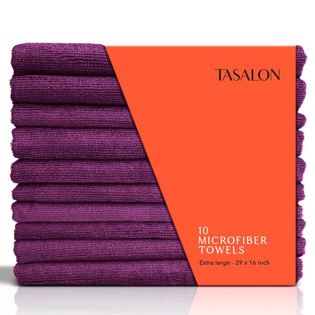 TASALON Microfiber Hair Towel - 10 Pack - Salon Towels - Quick Dry Microfiber Towels - 29 x 16 Inches Ultra-Soft Microfiber Towel for Hair, Facial Towels with Soft Absorbant -Purple