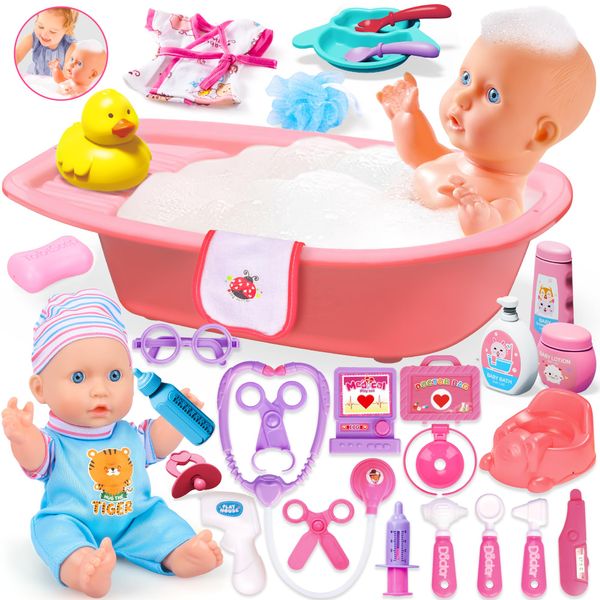 PROOU Baby Doll Care Toys, 30PCS Baby Doll Bath Set & Doctor Kit, Pretend Play Baby Doll Set, Incl Bathtub, Bathrobe, ECG, Thermometer, Toddlers Toys Gifts for Age 3 4 5 6 Year Old Girls