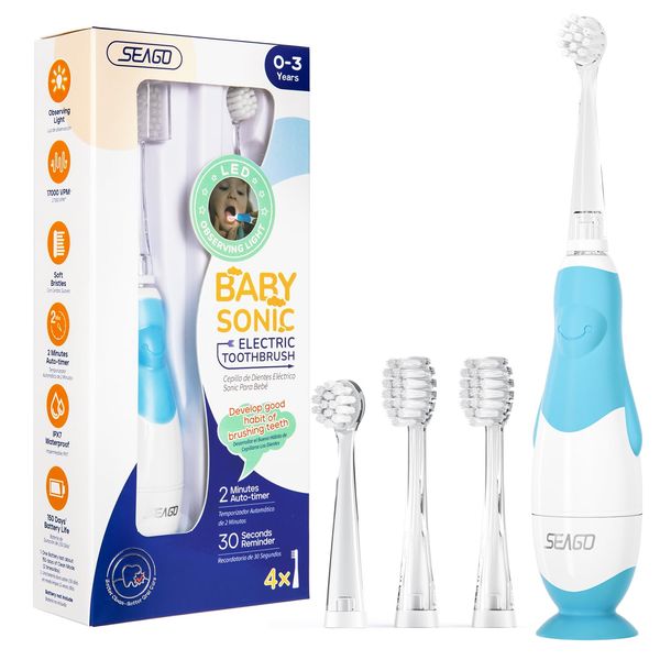 SEAGO Toddler Electric Toothbrushes for Baby Ages 0-3 Years, Baby Toothbrush with Smart Timer and Suction Base, 4 Replacement Brushheads (Blue-C)