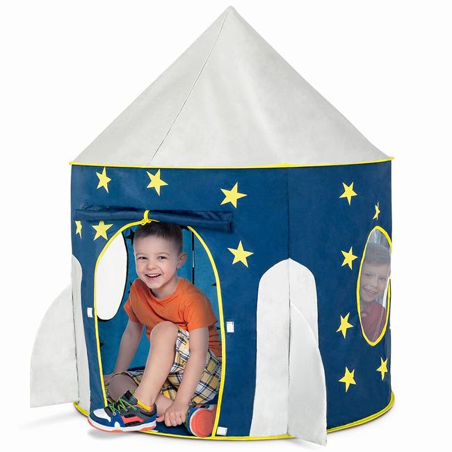 FoxPrint Rocket Ship Tent - Space Themed Pretend Play Tent - Space Play House - Spaceship Tent For Kids - Foldable Pop Up Star Play Tent Blue