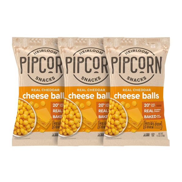 Pipcorn Heirloom Cheddar Cheese Balls - (3 Pack of 4.5oz Bags) - Organic Cheese, No Artificial Anything, Non-GMO Heirloom Corn, No Preservatives, Gluten Free