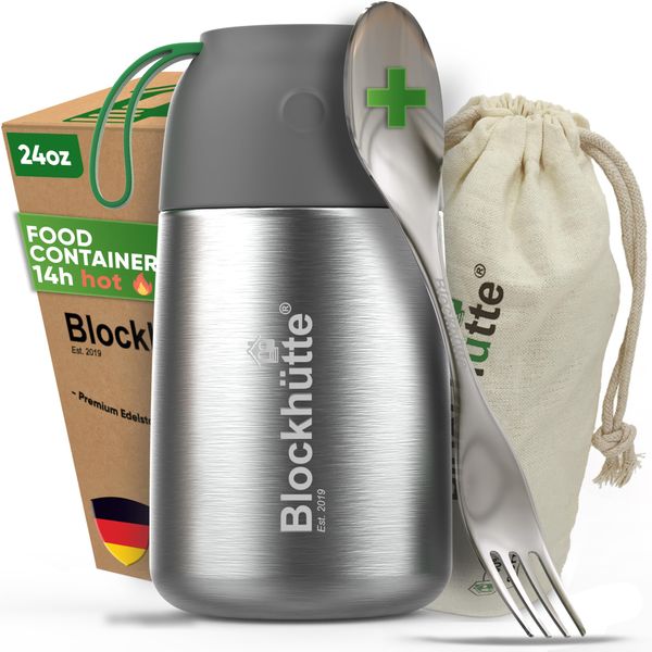 Blockhütte Insulated Food Jar for Adults I 24 oz I with Spork I 14 H hot Food, Stainless Steel Thermos for hot Food, Insulated Lunch Containers, Kids Lunch Boxes Tumbler for food, work, school