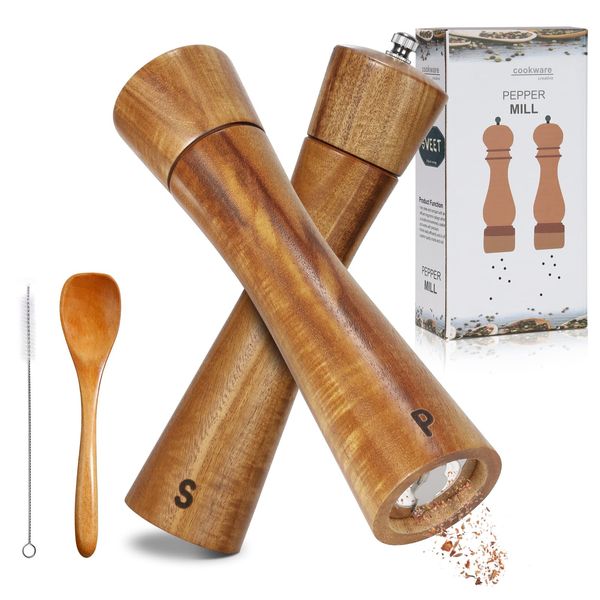 BEZORR Salt and Pepper Grinder Set Adjustable Ceramic Grinders 2 Piece 8 Inches Acacia Wooden Salt & Pepper Mills with Cleaning & Brush Spoon, Brown