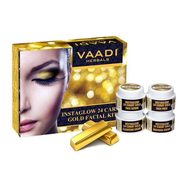 Vaadi Herbals Facial Kit - Gold Facial Kit with 24 Carat Gold Leaves, Marigold & Wheatgerm Oil, Lemon Peel Extract - ALL Natural - Suitable for All Skin Unisex 70 Grams