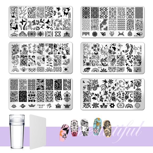 XIXKOLYU® 6 pezzi di timbri per unghie, con raschietto e timbro, per nail art, set di unghie, piante, fiori di farfalla, adatti per nail art fai da te