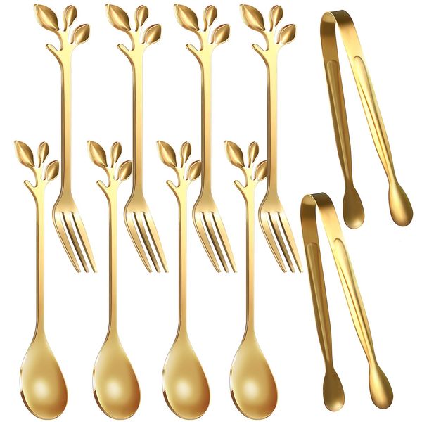 Leaf Coffee Spoons, Mini Serving Tongs and Appetizer Forks Stainless Steel Sugar Cube Tongs Dessert Spoons Metal Dinner Forks for Dessert Coffee Tea (10, Gold)