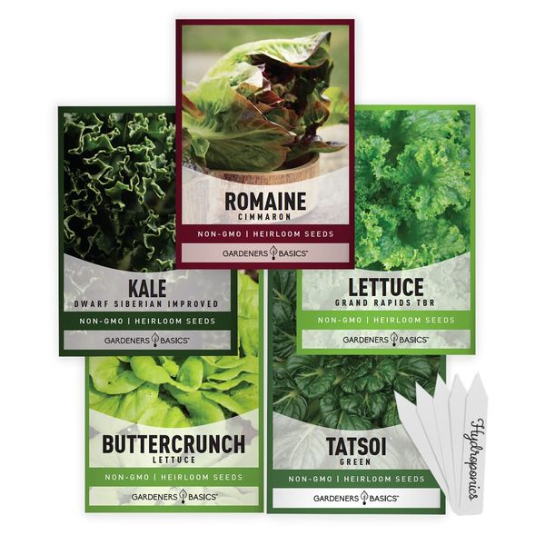 Gardeners Basics, Hydroponic Seeds for Planting Planting Indoors and Outdoor 5 Variety Pack - Tatsoi, Kale, Buttercrunch, Romaine and Loose Leaf Lettuce Seeds