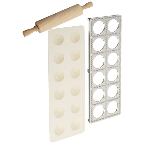 Norpro 3 Piece Ravioli Maker and Press Set with Rolling Pin, Large, White and silver