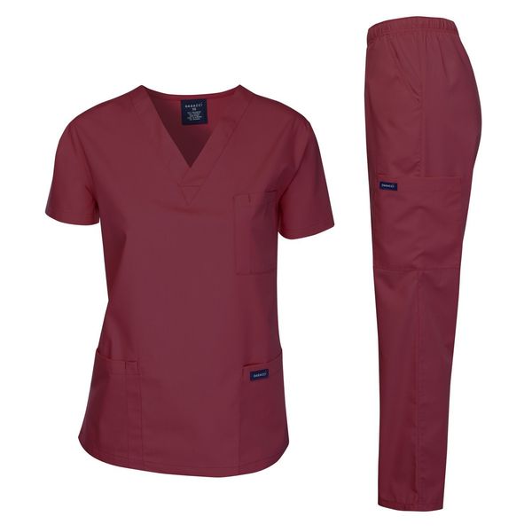 Dagacci Medical Uniform Womens and Mens Scrub Set Unisex Medical Scrub Shirt Top and Pant, Burgundy, Medium, Short Sleeve