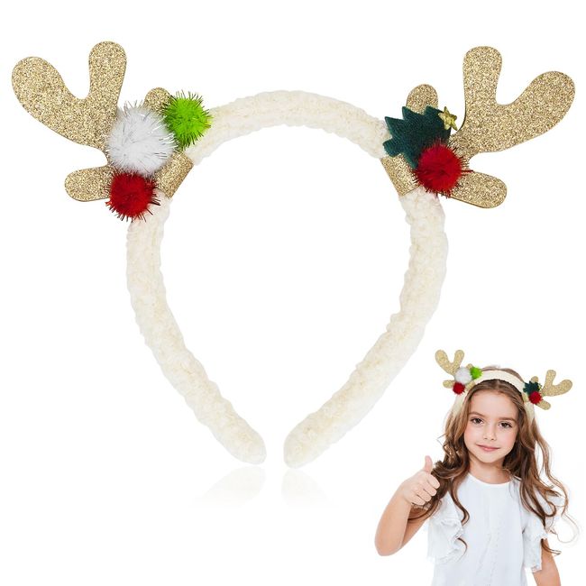 CHEERYMAGIC Christmas Reindeer Antlers Headband Sequins Christmas Headbands Cute Xmas Hair Hoops with Ears Christmas Head Hat Toppers Costume Headwear for Xmas Holiday Party Decoration A3LJFG (white)