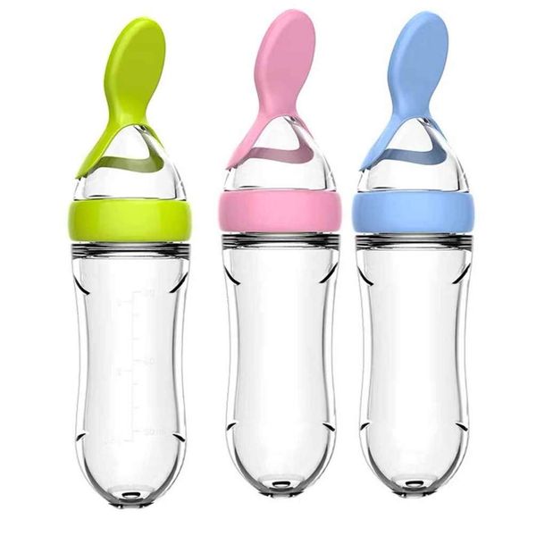 HEALLILY 3pcs Silicone Baby Food Dispensing Spoon Infant Squeeze Feeder Bottle With Spoon (Pink, Green, Blue, Ideal for over 4 Months Babies)