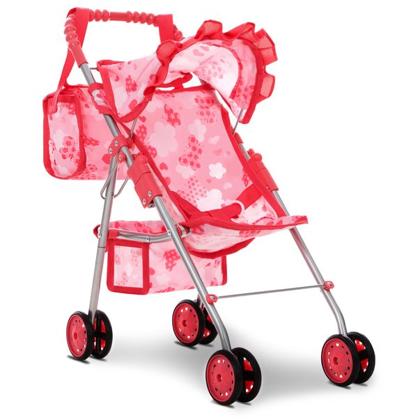 Baby Doll Stroller for Girls, Toddler Play Toy Doll Buggy Carriage, Foldable with Canopy, Storage Basket, Travel Diaper Bag, Pink