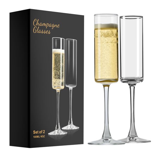 PARACITY Champagne Flutes, Champagne Glasses Set of 2, Elegant 6oz Glass Champagne Flutes, Gift for Birthday, Wedding, Christmas, Clear Sparkling Champagne Glasses for Women, Men