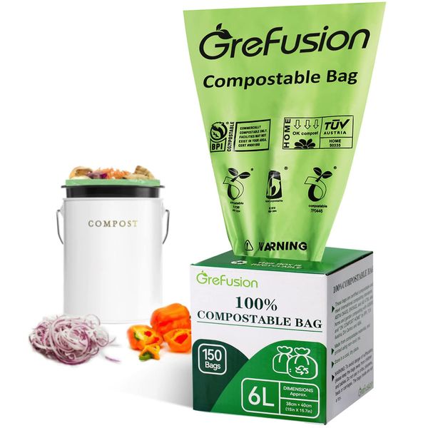 GreFusion Compostable Caddy Liners 6 Litre x 150 Bags,food waste bags biodegradable bin bags 6L/10L/30L for Kitchen compost bin