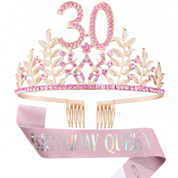 HPMAISON Women 30th Birthday Crown with Combs & A Pink Sash Rhinestone Headband Princess Tiara Cake Topper Party Costume Accessories Tiara and Belt for 30th Birthday Party Present