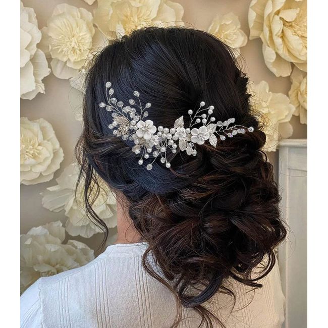 Unicra Braut Hochzeit Haar Rebe Blume Haarschmuck Braut Perle Stirnband Kopfschmuck für Frauen und Braut (Silber)