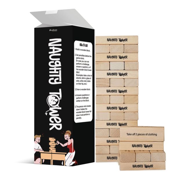 Zealous Nutrition Stacking Wooden Block Game for Grown Ups – Couple Dare Questions – All Genders & Relationships – Exciting, Pleasing, & Funny Challenges - Make Date & Game Night Fun w/ 54 Pieces