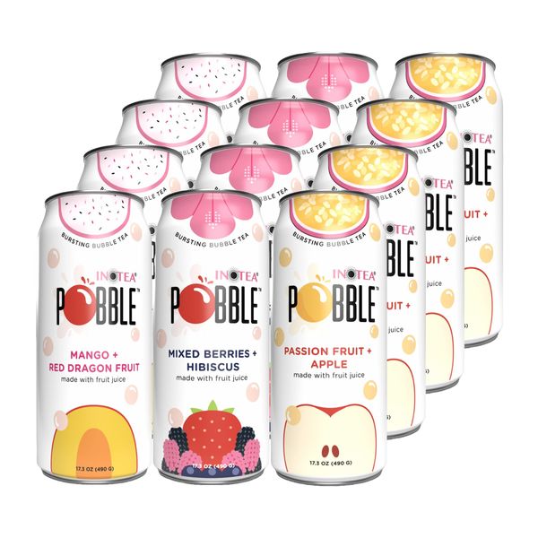 INOTEA POBBLE BURSTING BUBBLE TEA (Pack of 12 Cans) includes SALTATION Thank You Card | Canned Iced Tea Made with Real Fruit Juice and Contains Popping Pearls (16.6oz/can) | 12 Can Bundle- Available Flavors: Assorted, Mango+Red Dragon Fruit, Mixed Berries