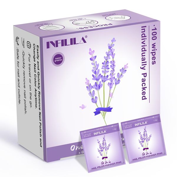 NXJ INFILILA Nail Polish Remover Pads, 2024 Newest 100% Acetone Nail Polish Remover 100pcs Individually Wrapped Bulk Set Fingernail Travel Polish Remover Wipes for Nail Supplies(Lavender Fragrance)